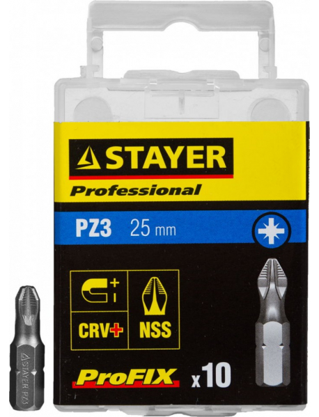 Биты STAYER "PROFESSIONAL" ProFix Pozidriv, тип хвостовика C 1/4", № 3, L=25мм, 10шт, 26221-3-25-10_z01