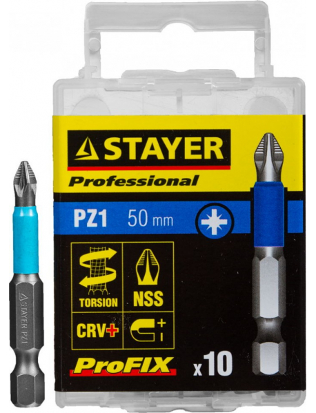 Биты STAYER "PROFESSIONAL" ProFix Pozidriv, тип хвостовика E 1/4", № 1, L=50мм, 10шт, 26223-1-50-10_z01