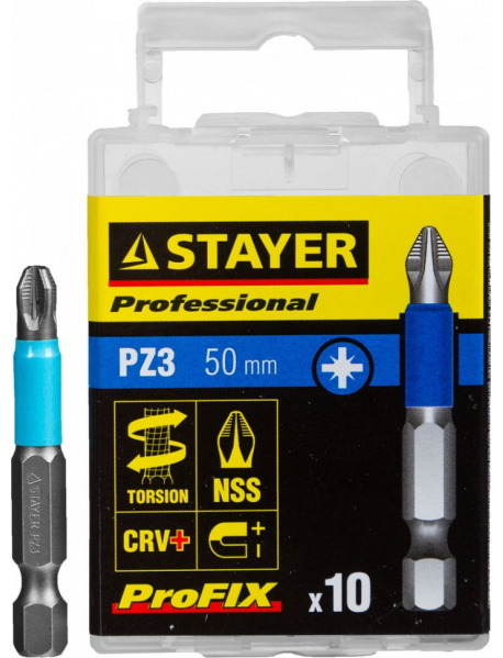 Биты STAYER "PROFESSIONAL" ProFix Pozidriv, тип хвостовика E 1/4", № 3, L=50мм, 10шт, 26223-3-50-10_z01