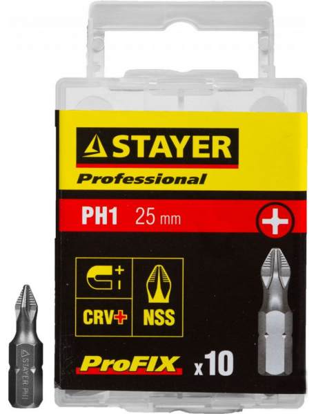 Биты STAYER "PROFESSIONAL" ProFix Phillips, тип хвостовика C 1/4", № 1, L=25мм, 10шт, 26201-1-25-10_z01 Биты STAYER "PROFESSIONAL" ProFix Phillips, тип хвостовика C 1/4", № 1, L=25мм, 10шт, 26201-1-25-10_z01