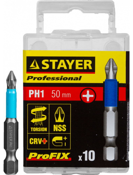 Биты STAYER "PROFESSIONAL" ProFix Phillips, тип хвостовика E 1/4", № 1, L=50мм, 10шт, 26203-1-50-10_z01