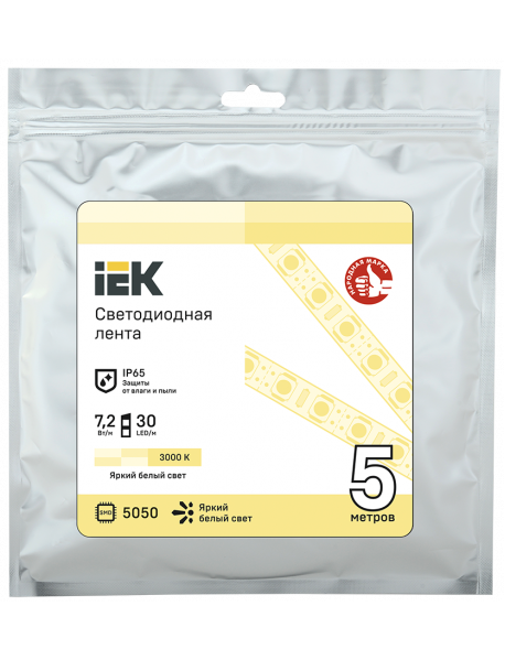 Лента LED 5м LSR-5050WW30-7,2-IP65-12В IEK