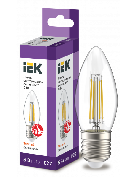 Лампа LED C35 свеча прозр. 5Вт 230В 3000К E27 серия 360° IEK