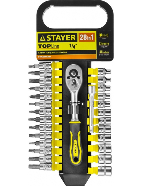 Набор STAYER "STANDARD": Торцовые головки, биты-головки (1/4") на пластик рельсе, трещотка, удл-тель, 4-13мм, 28 пр. 27754-H28 Набор STAYER "STANDARD": Торцовые головки, биты-головки (1/4") на пластик рельсе, трещотка, удл-тель, 4-13мм, 28 пр. 27754-H28