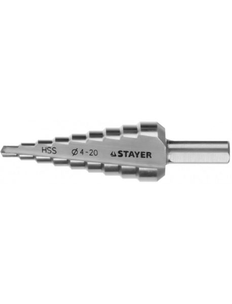 Сверло STAYER "MASTER" ступенчатое по сталям и цвет.мет., сталь HSS, d=4-20мм, 9ступ.d 4-20, L-75 мм,трехгран. хвост. 8мм 29660-4-20-9 Сверло STAYER "MASTER" ступенчатое по сталям и цвет.мет., сталь HSS, d=4-20мм, 9ступ.d 4-20, L-75 мм,трехгран. хвост. 8мм 29660-4-20-9