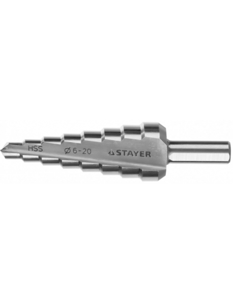 Сверло STAYER "MASTER" ступенчатое по сталям и цвет.мет., сталь HSS, d=6-20мм,8ступ.d 6-8-10-12-14-16-18-20,L-75мм,3-х гран.хв. 8мм 29660-6-20-8
