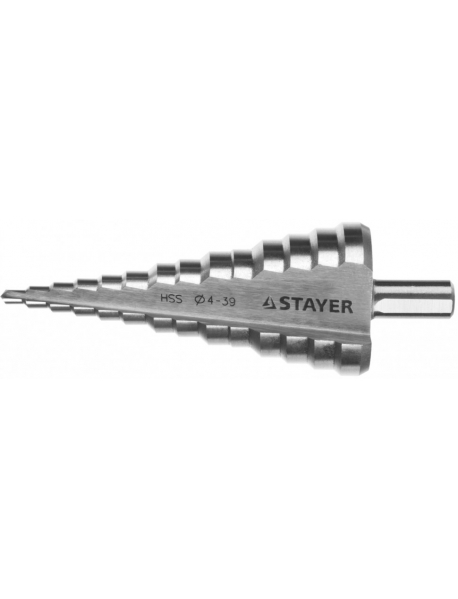 Сверло STAYER "MASTER" ступенчатое по сталям и цвет.мет., сталь HSS, d=4- 39мм,14ступ.d4-39,L -113 мм, трехгран.хв. 10мм 29660-4-39-14