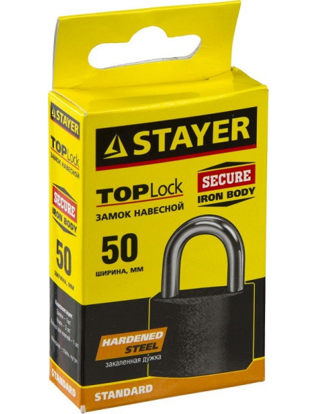 Замок STAYER "STANDARD" навесной, металлический корпус, закаленная дужка, 50 мм, 37160-50