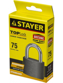 Замок STAYER "STANDARD" навесной, металлический корпус, закаленная дужка, 75 мм, 37160-75