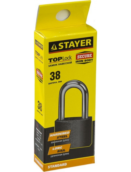 Замок STAYER "STANDARD" навесной, металлический корпус, удлиненная закаленная дужка, 38мм, 37160-38-1