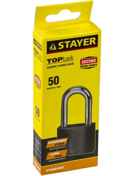 Замок STAYER "STANDARD" навесной, металлический корпус, удлиненная закаленная дужка, 50 мм, 37160-50-1